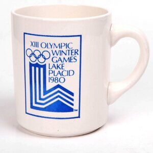 Vintage Olympics Mug 1980 Lake Placid Winter Games Ceramic White Blue Sports